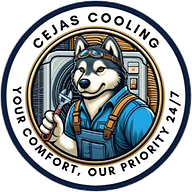 Cejas Cooling logo: Alaska the husky in overalls holding a wrench